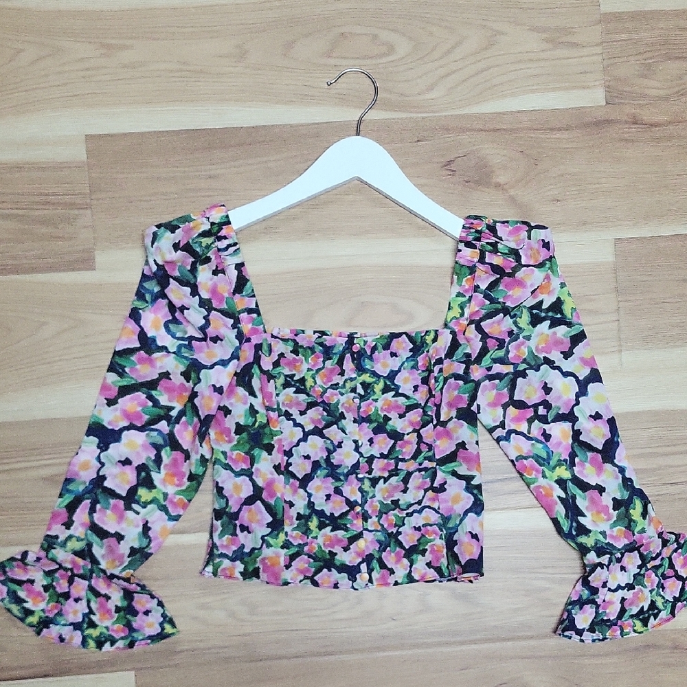 French Connection Multicolored Smocked Crop Blouse